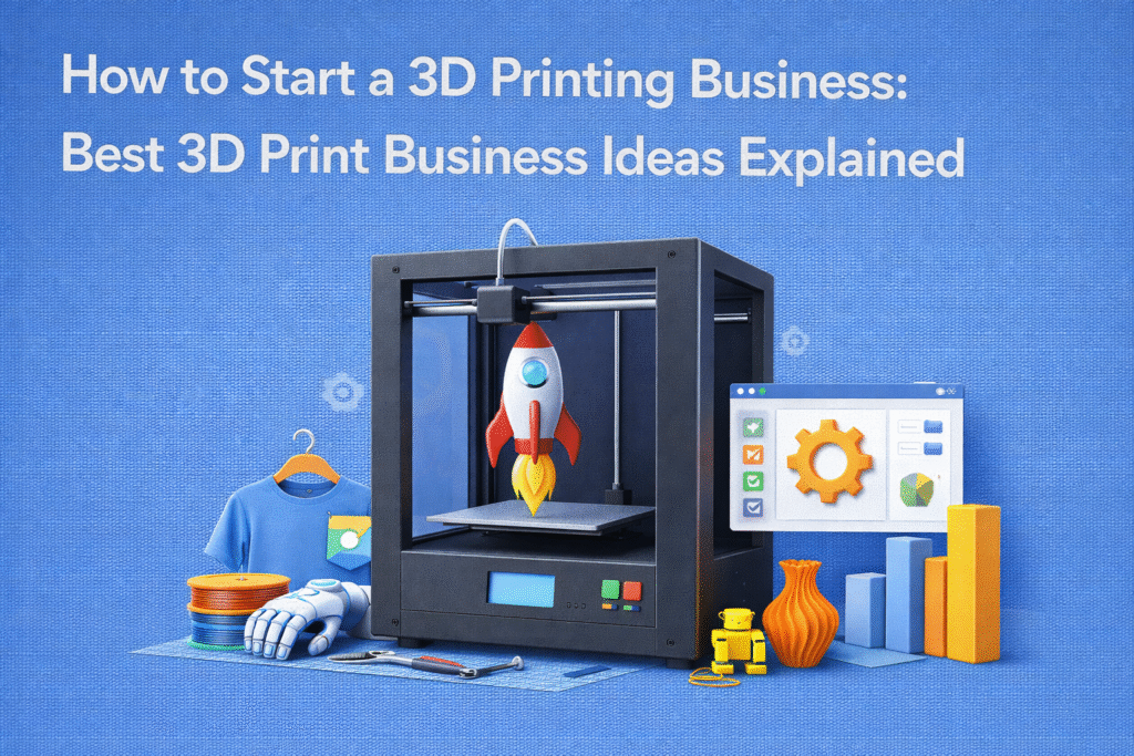 Entrepreneur launching 3D printing business with innovative product ideas and startup strategy.